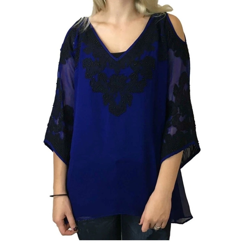 Vintage Collection Royal Blue Beaded Cold Shoulder Blouse Size XL EUC